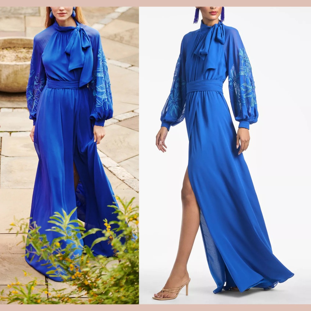 NWT $995 Sachin & Babi [ 0 ] Embroidered Long Sleeve‎ Caritta Gown Cobalt S1815